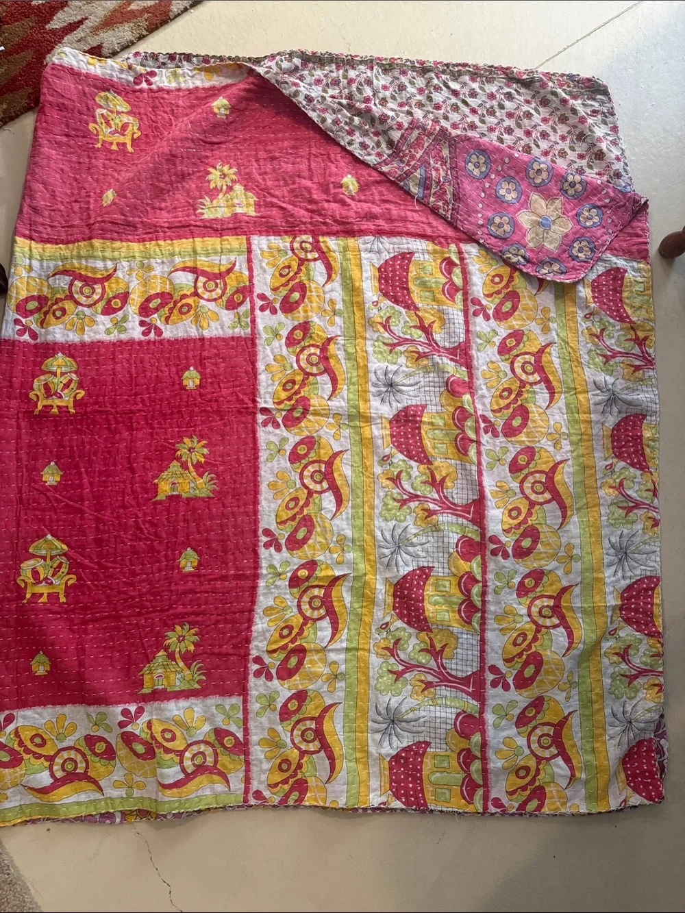 Kantha Quilt Reversible Pink, purple Yellow  - Lightweight Bedding/throw Vintage